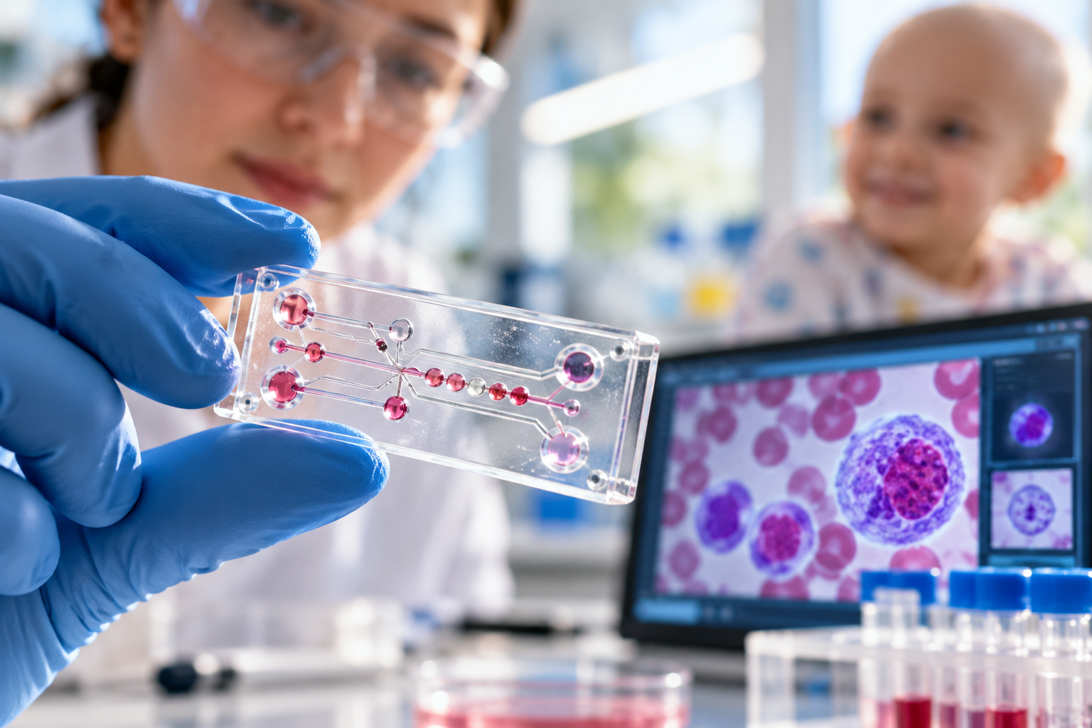 Un dispozitiv microfluidic experimental ar putea ajuta cercetătorii să identifice combinațiile de medicamente la care răspund celulele leucemice ale copiilor. Sursa foto: Imagine cu caracter ilustrativ, generată cu AI